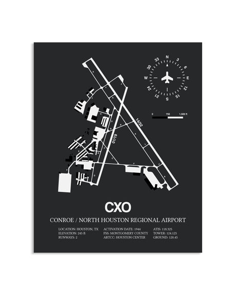 Gray Framed Conroe / North Houston Regional Airport layout wall art poster