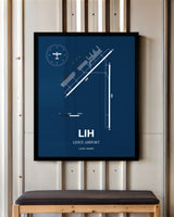 Lihue Airport framed poster displayed in an airplane hangar