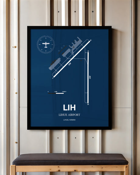 Lihue Airport framed poster displayed in an airplane hangar