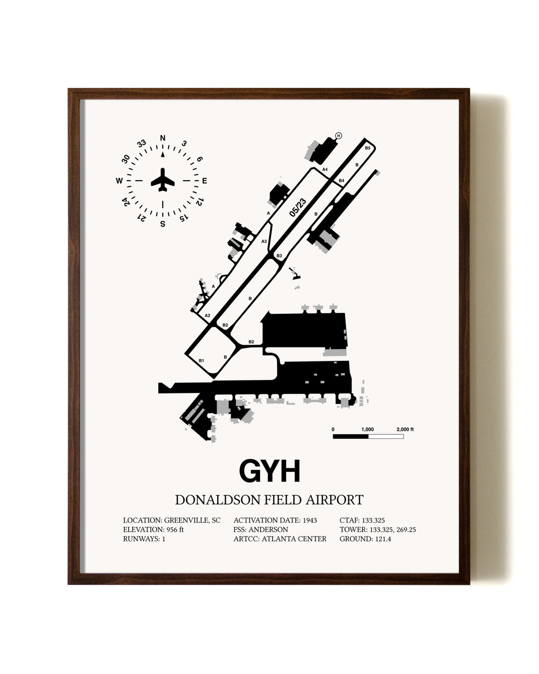 Donaldson Field Airport aviation print in walnut frame