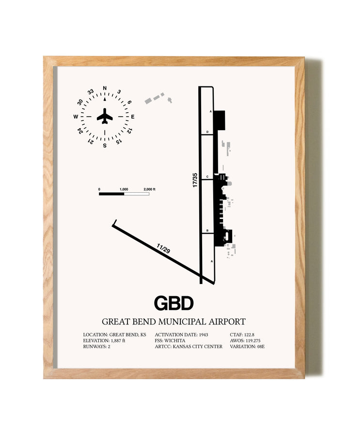 Great Bend Municipal Airport framed print in natural wood frame