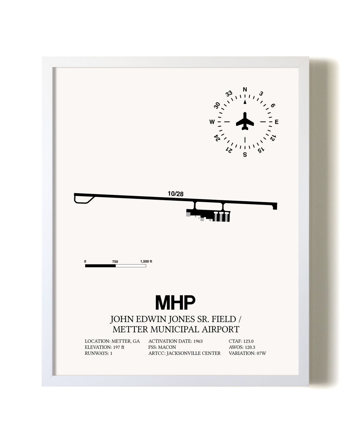 John Edwin Jones Sr Field / Metter Municipal Airport airport map poster in oak frame