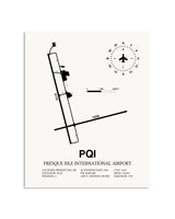 Gray Presque Isle International Airport framed poster displayed in an airplane hangar