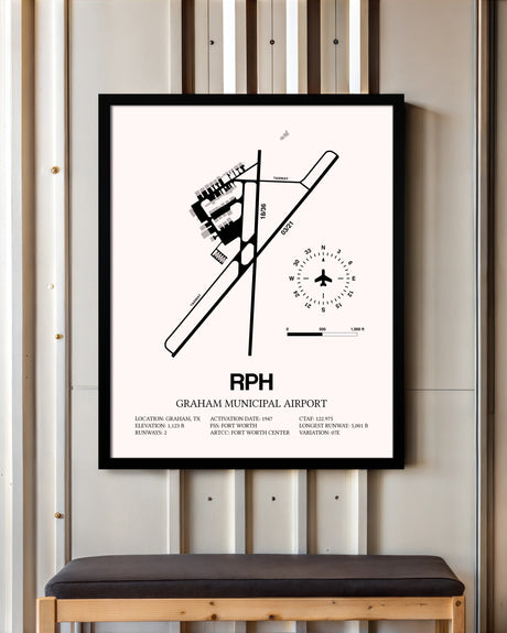 Graham Municipal Airport framed poster displayed in an airplane hangar