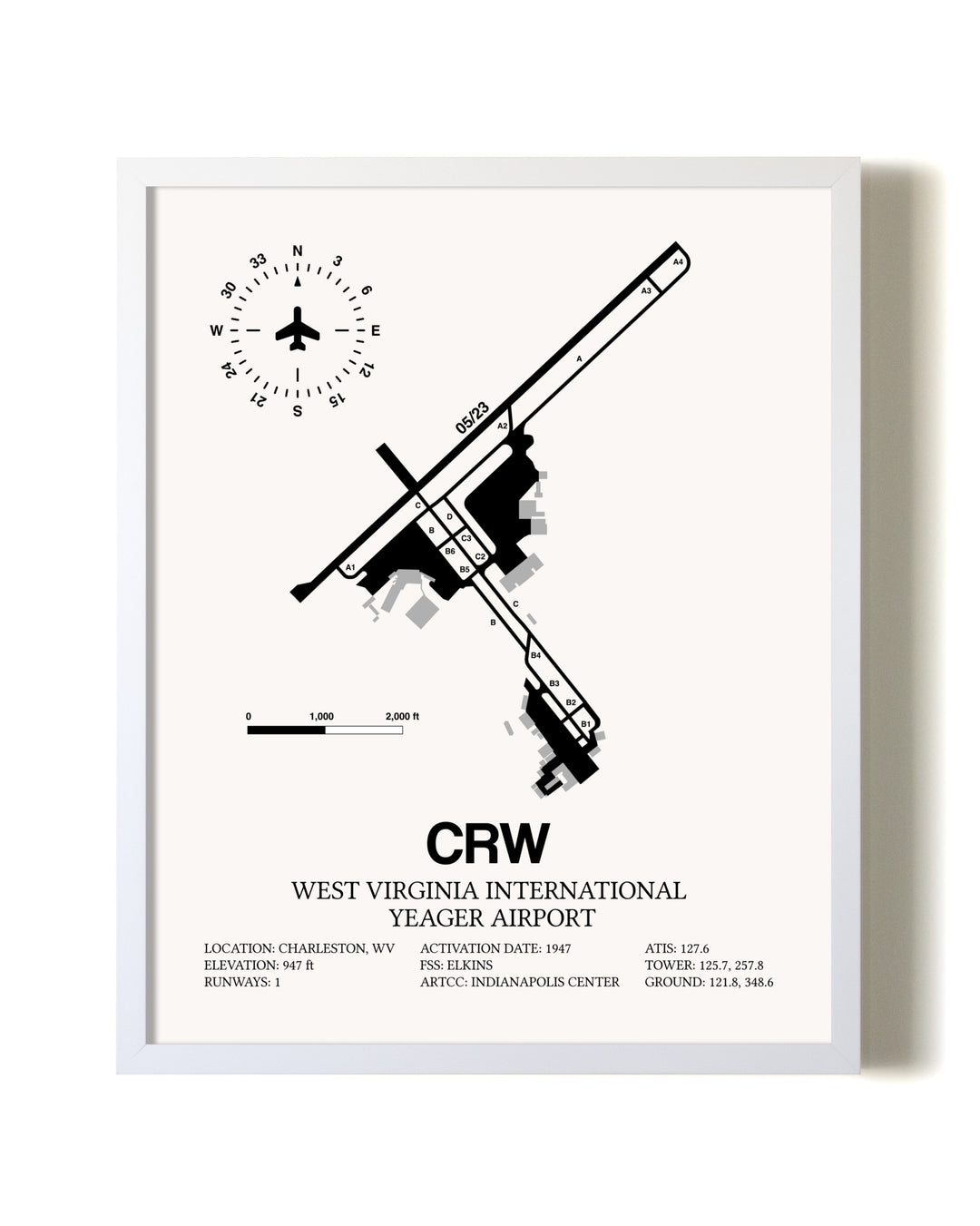 West Virginia International Yeager Airport airport map poster in oak frame