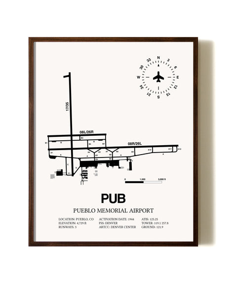 Pueblo Memorial Airport aviation print in walnut frame
