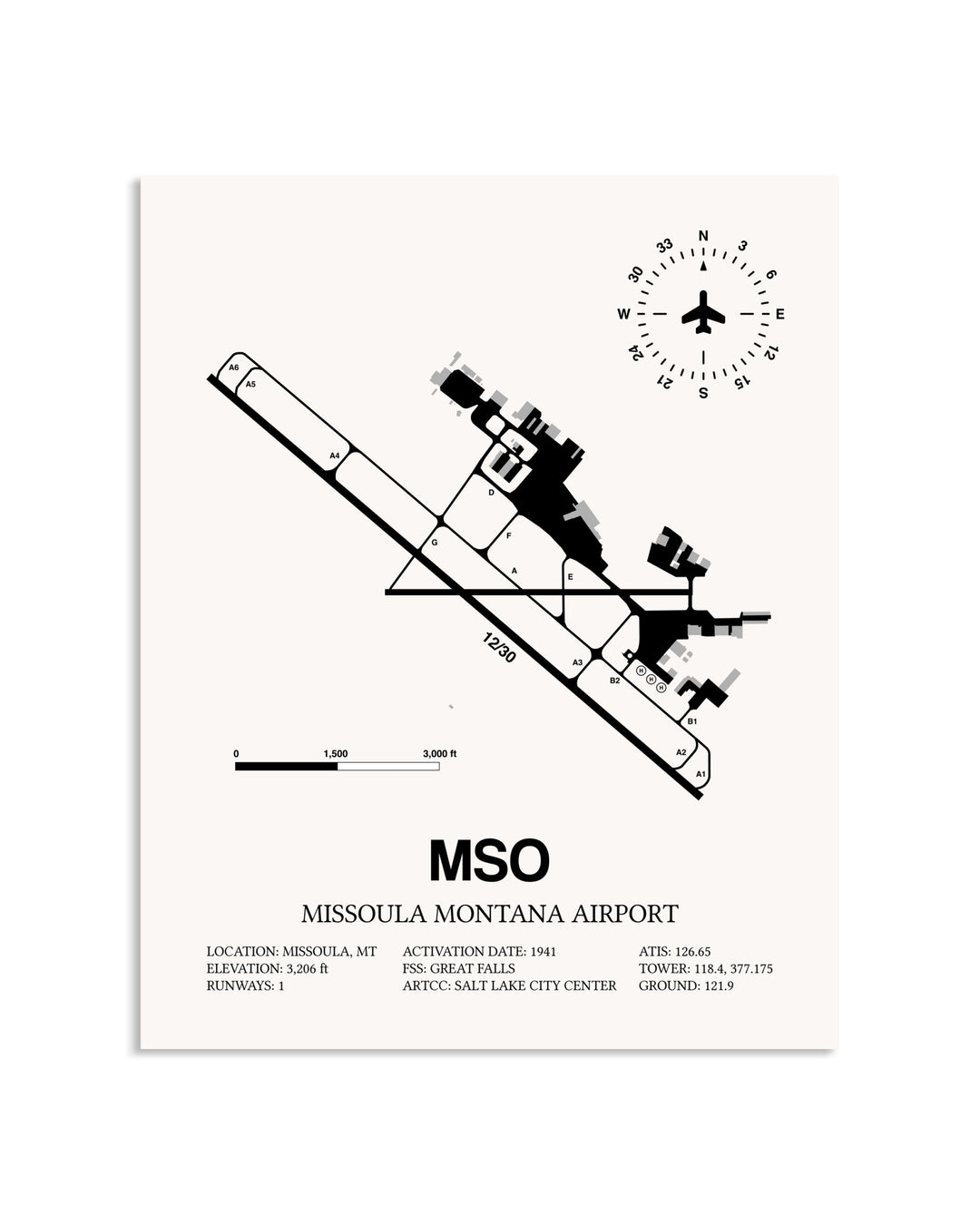 Gray Missoula Montana Airport framed poster displayed in an airplane hangar