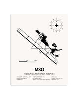 Gray Missoula Montana Airport framed poster displayed in an airplane hangar