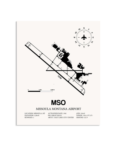 Gray Missoula Montana Airport framed poster displayed in an airplane hangar