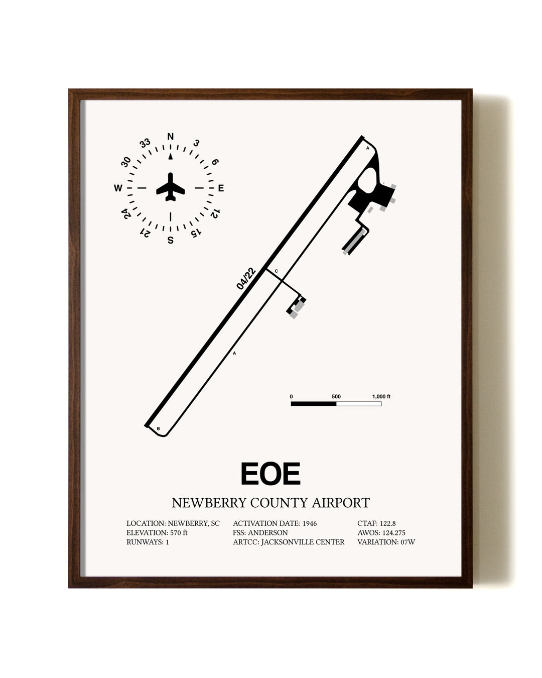 Newberry County Airport aviation print in walnut frame