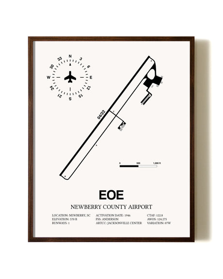 Newberry County Airport aviation print in walnut frame