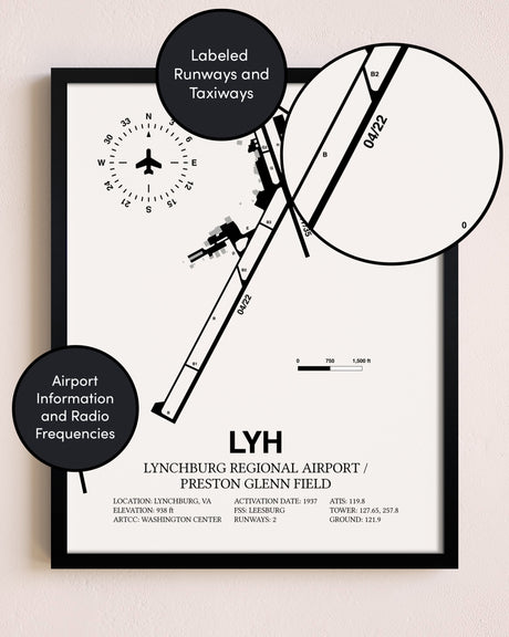 Framed Lynchburg Regional Airport / Preston Glenn Field layout wall art poster