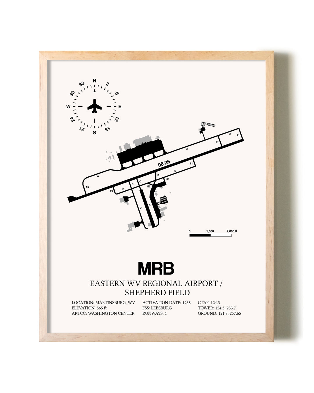 Eastern WV Regional Airport / Shepherd Field framed wall art in white frame