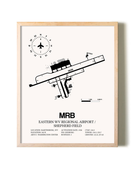 Eastern WV Regional Airport / Shepherd Field framed wall art in white frame