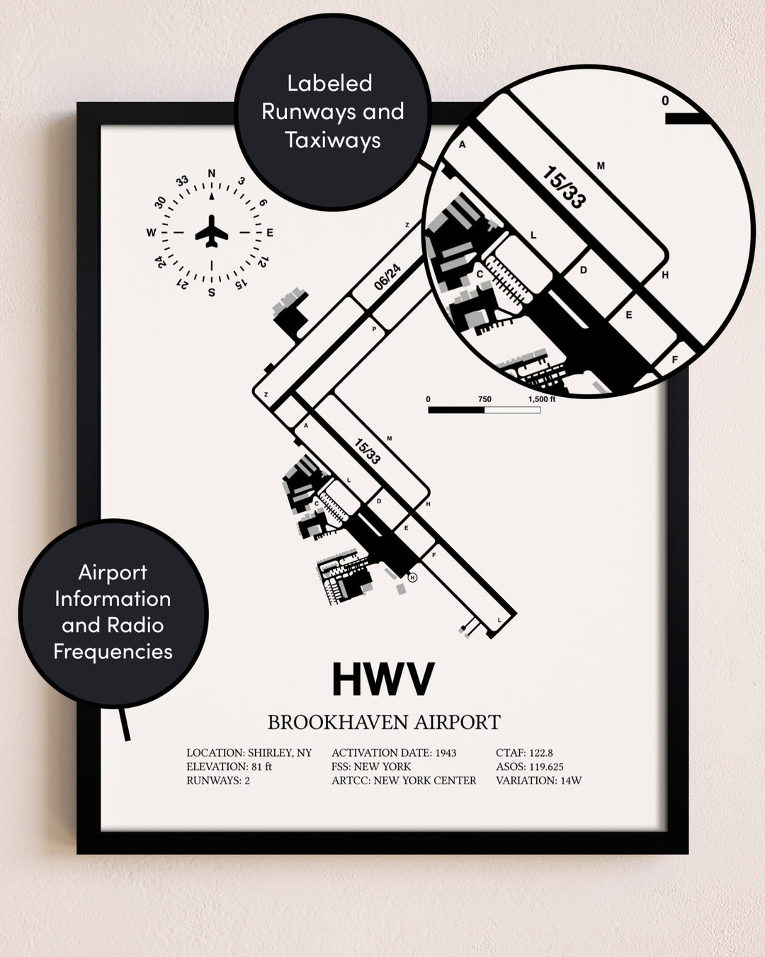 Framed Brookhaven Airport layout wall art poster