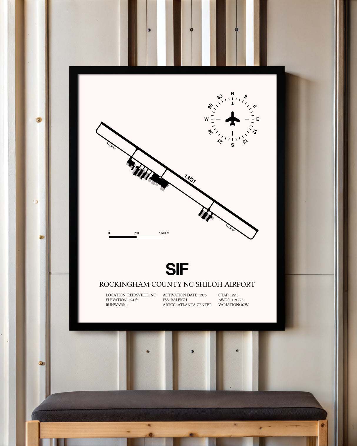 Rockingham County NC Shiloh Airport framed poster displayed in an airplane hangar