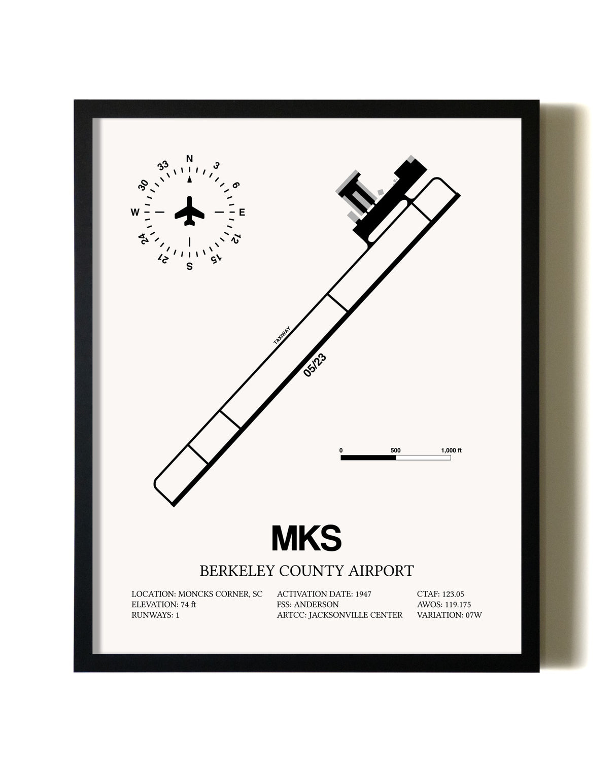 Framed Berkeley County Airport wall art poster in black frame