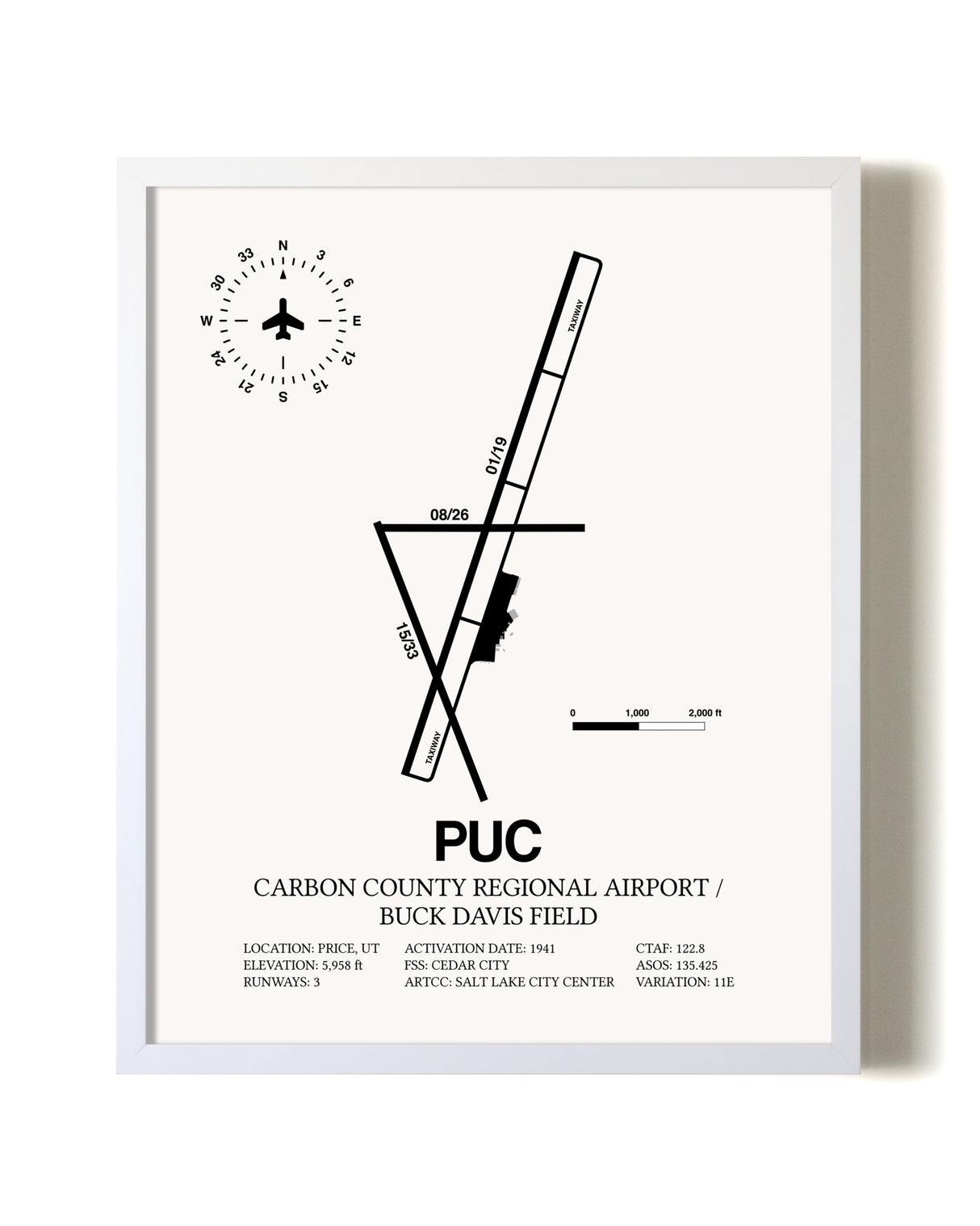 Carbon County Regional Airport / Buck Davis Field airport map poster in oak frame