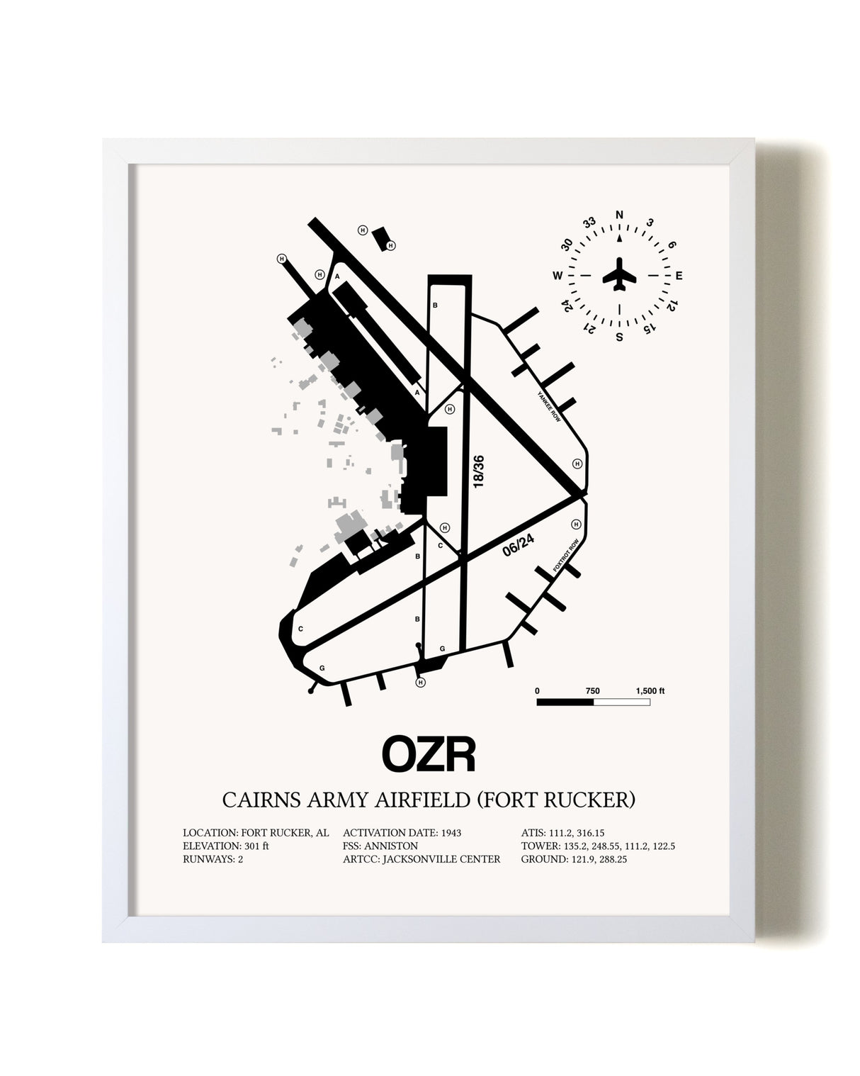 Cairns Army Airfield (Fort Rucker) airport map poster in oak frame