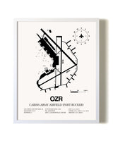 Cairns Army Airfield (Fort Rucker) airport map poster in oak frame