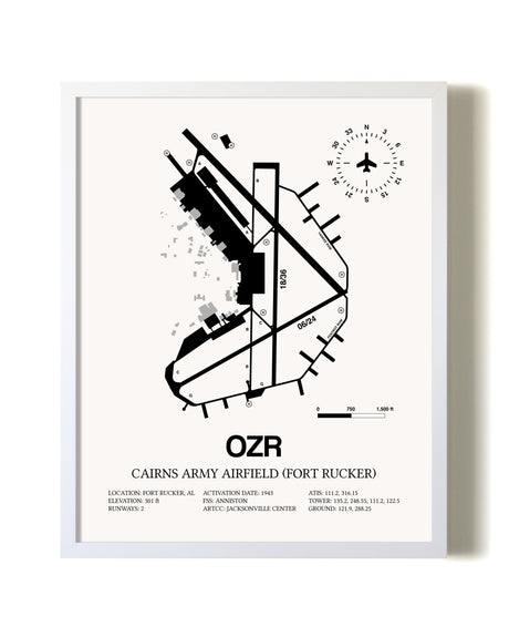 Cairns Army Airfield (Fort Rucker) airport map poster in oak frame