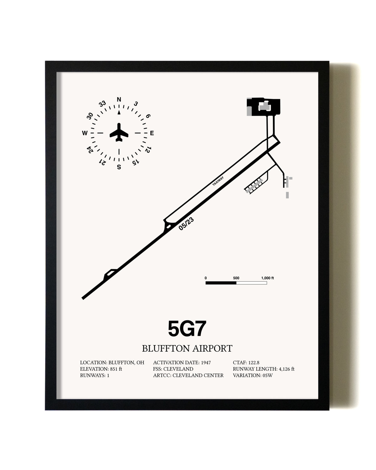 Framed Bluffton Airport wall art poster in black frame