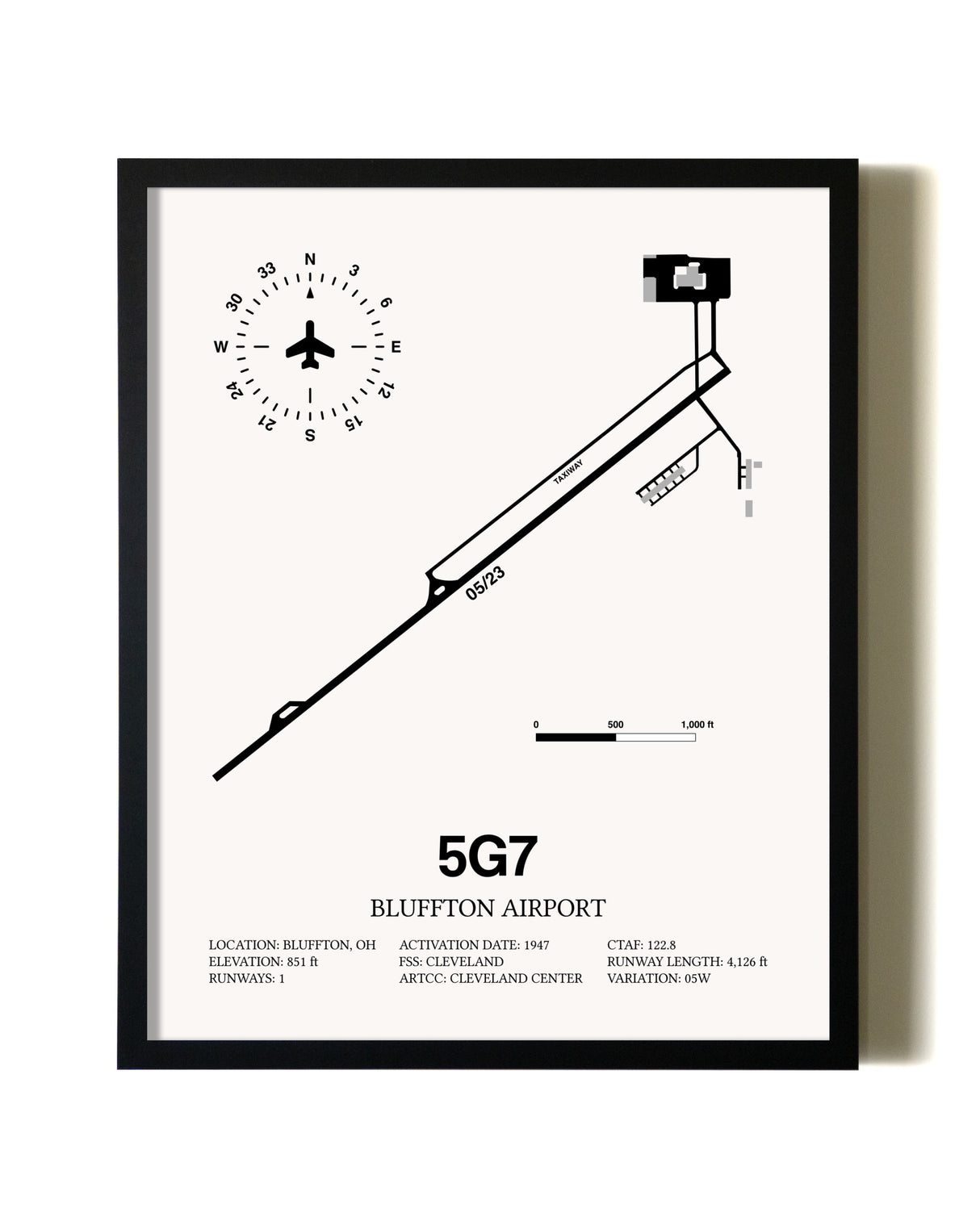Framed Bluffton Airport wall art poster in black frame