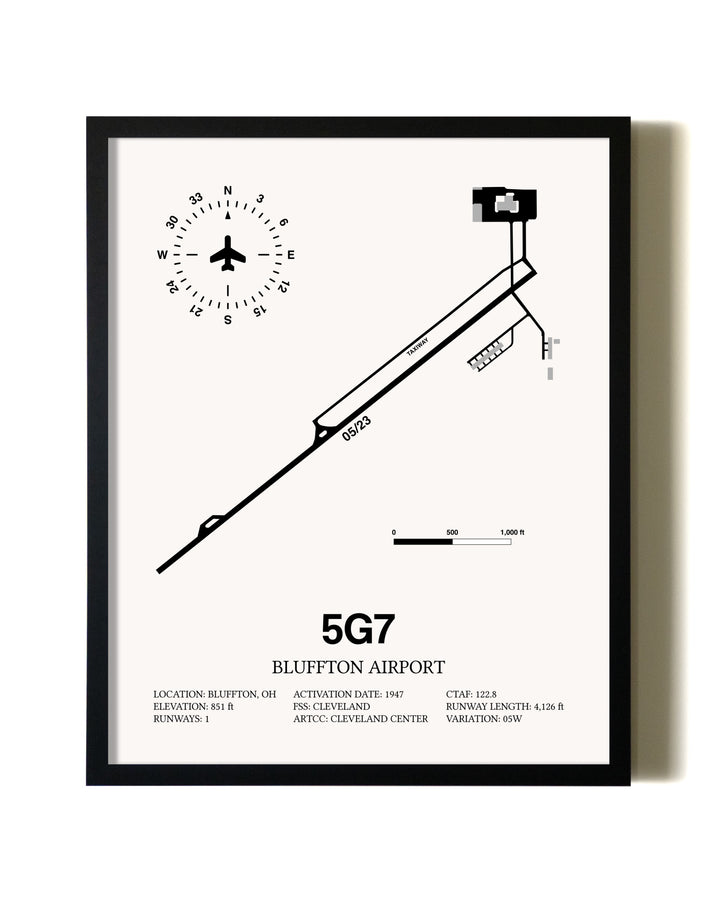 Framed Bluffton Airport wall art poster in black frame