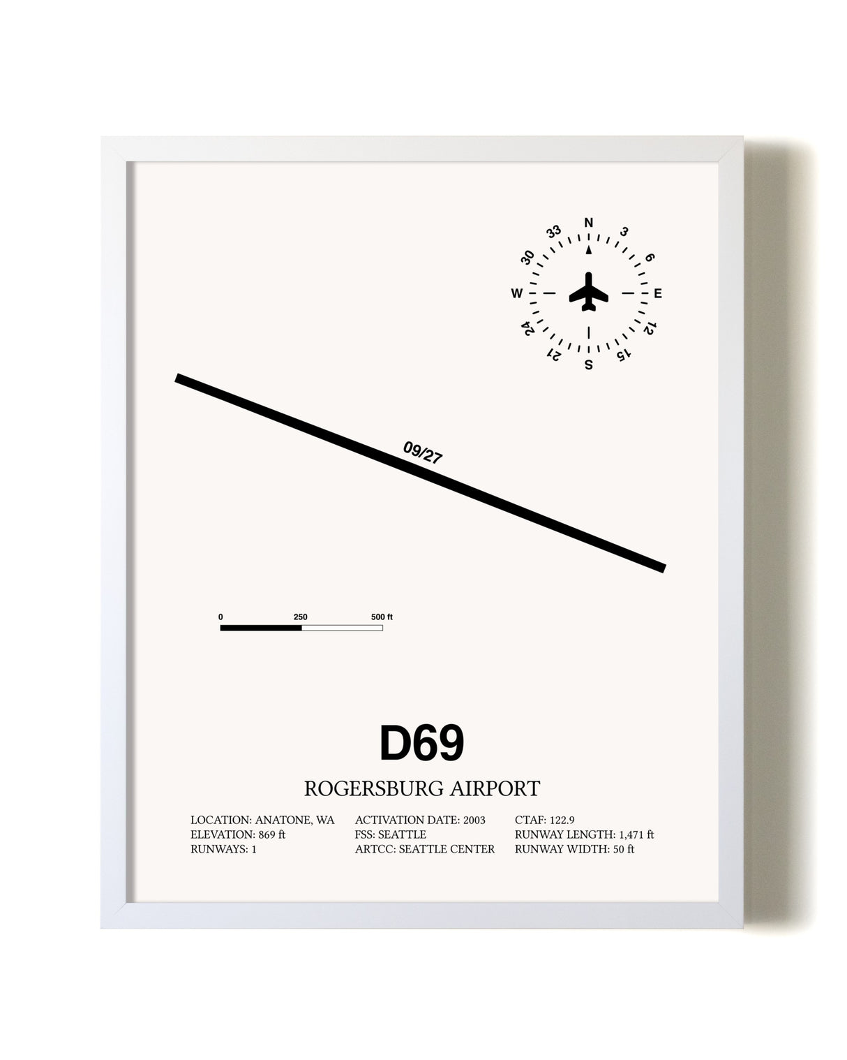 Rogersburg Airport airport map poster in oak frame