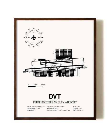 Phoenix Deer Valley Airport aviation print in walnut frame