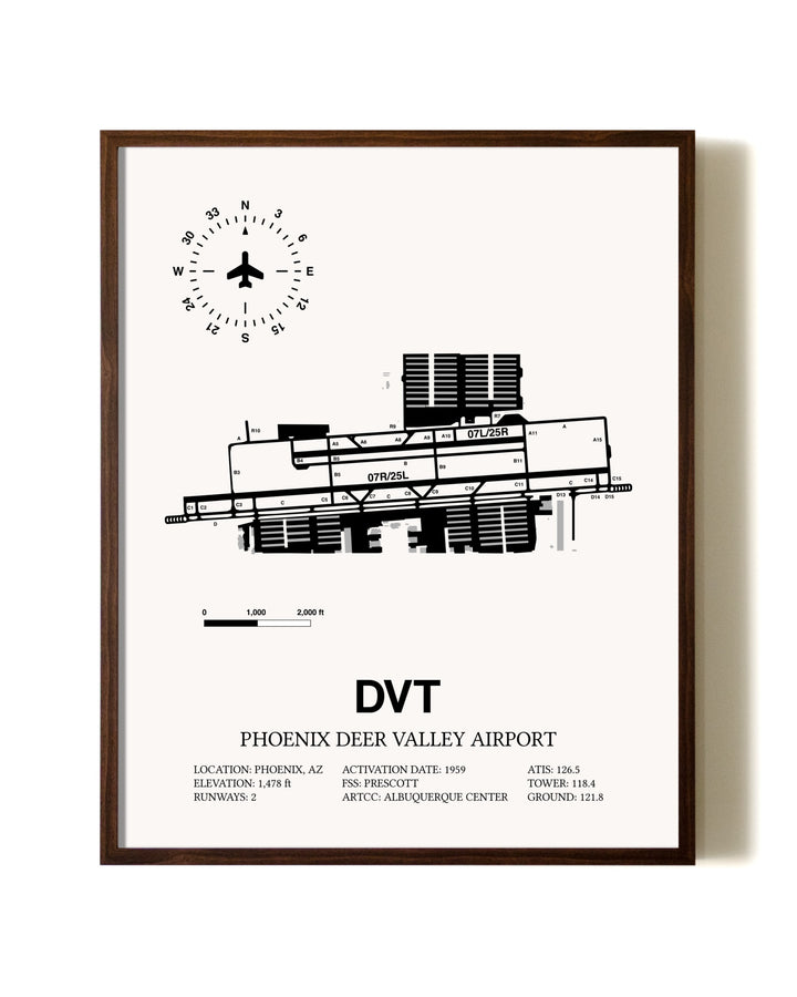 Phoenix Deer Valley Airport aviation print in walnut frame