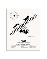 Gray Southwest Florida International Airport framed poster displayed in an airplane hangar
