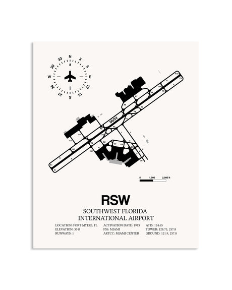 Gray Southwest Florida International Airport framed poster displayed in an airplane hangar