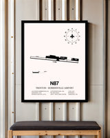 Trenton-Robbinsville Airport framed poster displayed in an airplane hangar