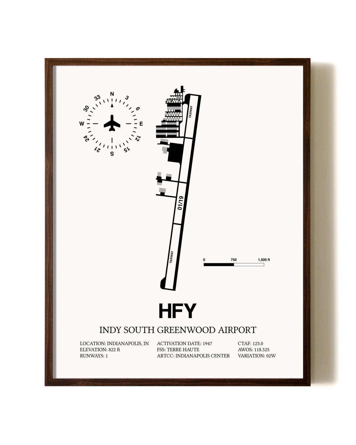 Indy South Greenwood Airport aviation print in walnut frame