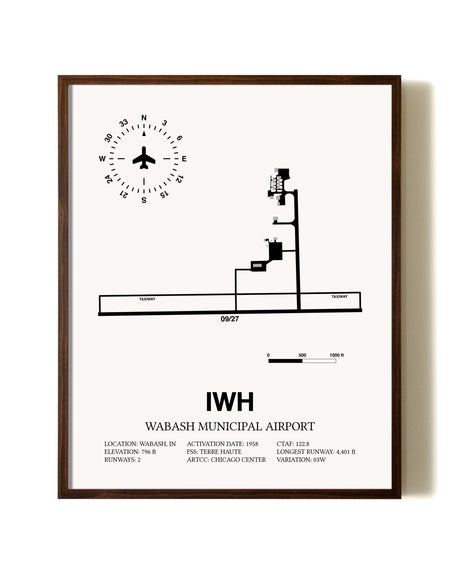 Wabash Municipal Airport aviation print in walnut frame