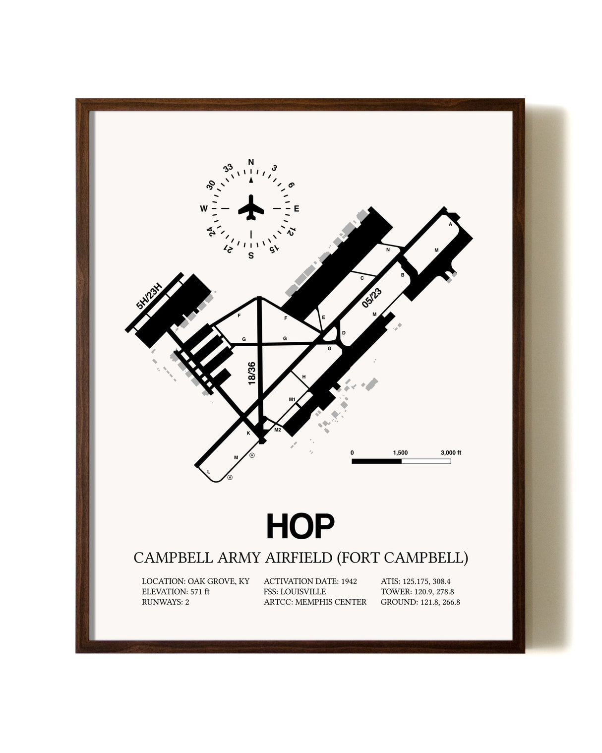 Campbell Army Airfield (Fort Campbell) aviation print in walnut frame