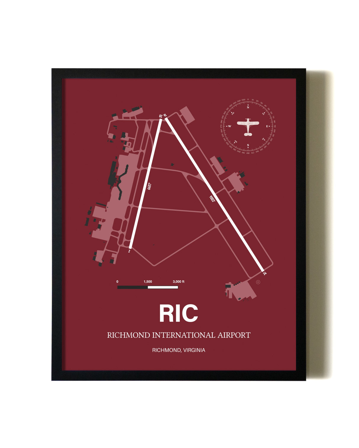 Red Framed Richmond International Airport wall art poster in black frame