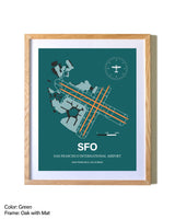 San Francisco International Airport airport map poster in oak frame with mat