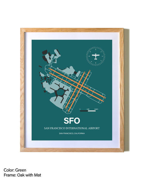 San Francisco International Airport airport map poster in oak frame with mat