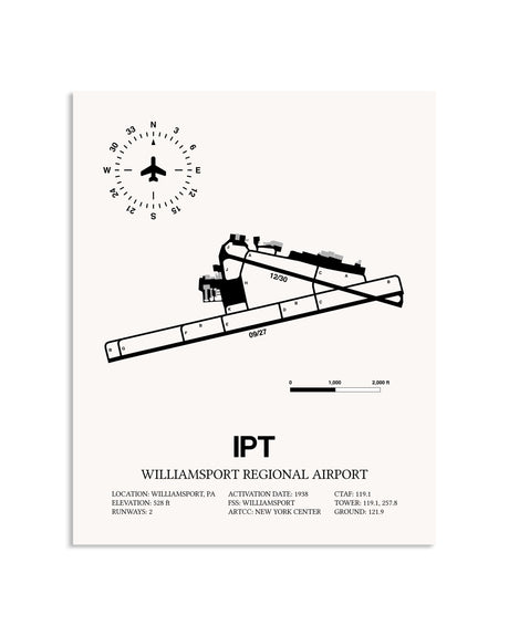 Gray Williamsport Regional Airport framed poster displayed in an airplane hangar