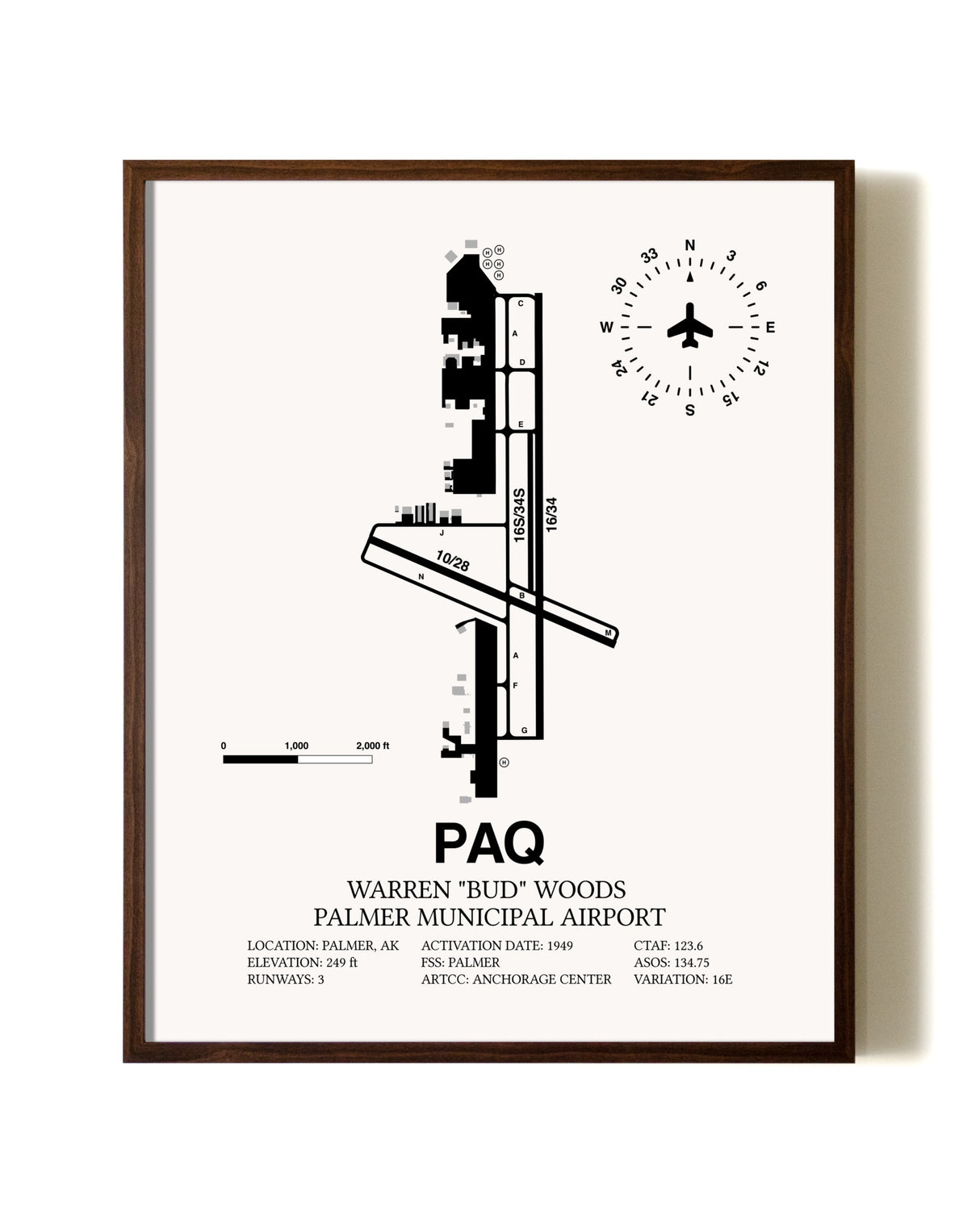 Warren "Bud" Woods Palmer Municipal Airport aviation print in walnut frame