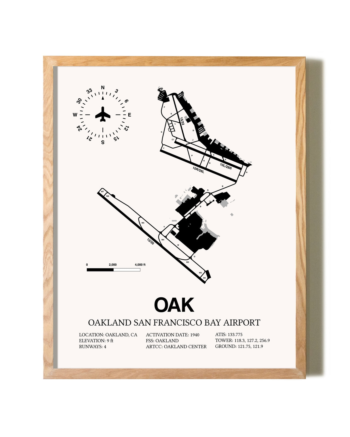 San Francisco Bay Oakland International Airport framed print in natural wood frame