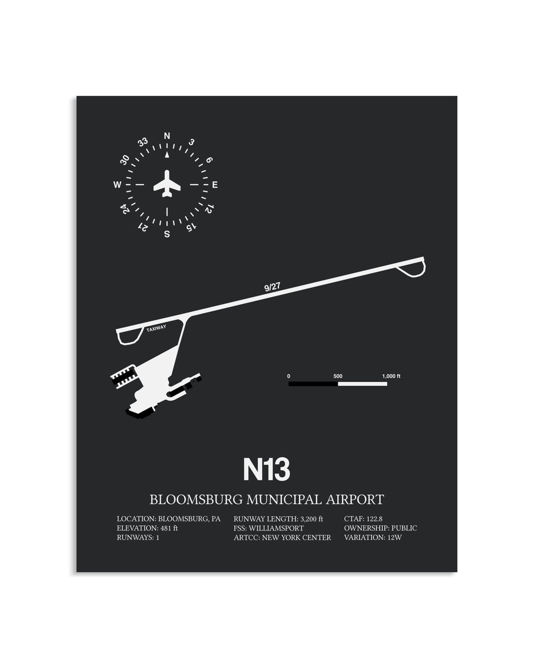 Gray Framed Bloomsburg Municipal Airport layout wall art poster