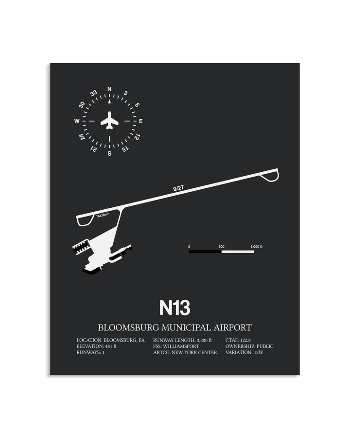Gray Framed Bloomsburg Municipal Airport layout wall art poster