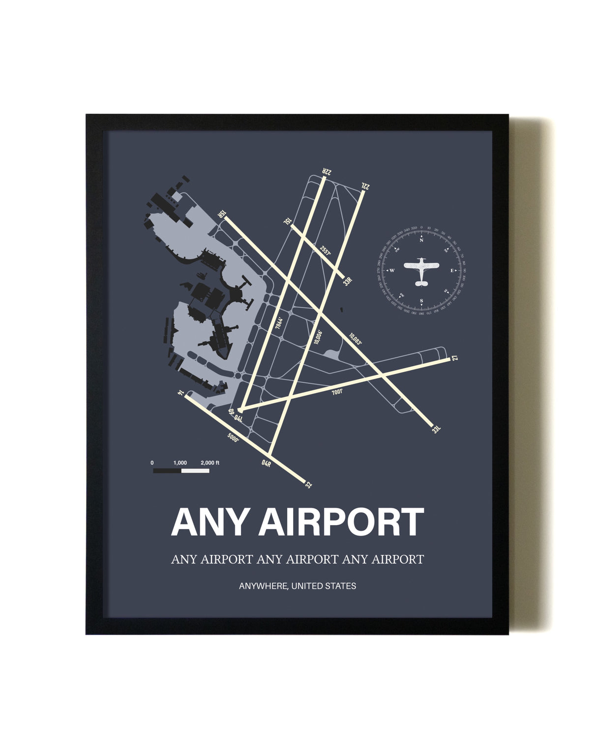 Blue and Cream Framed Any Airport layout wall art poster