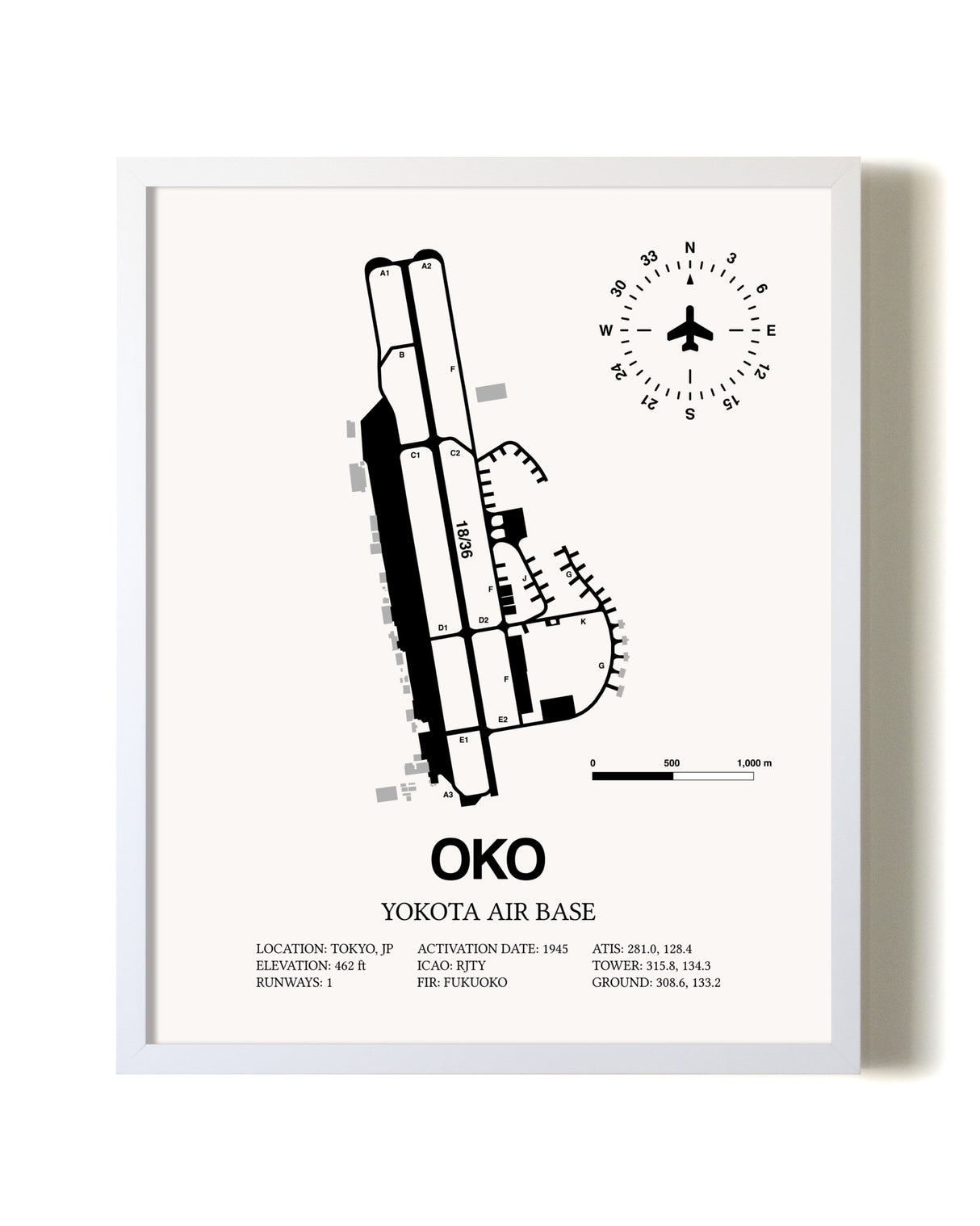 Yokota Air Base airport map poster in oak frame
