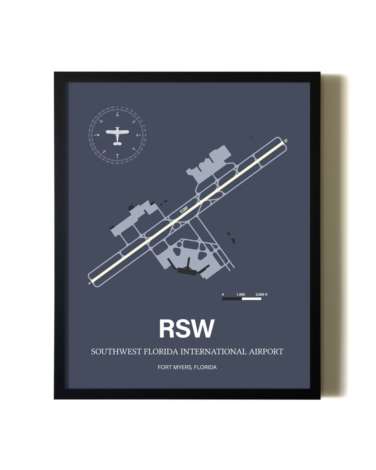 Blue and Cream Framed Southwest Florida International Airport layout wall art poster