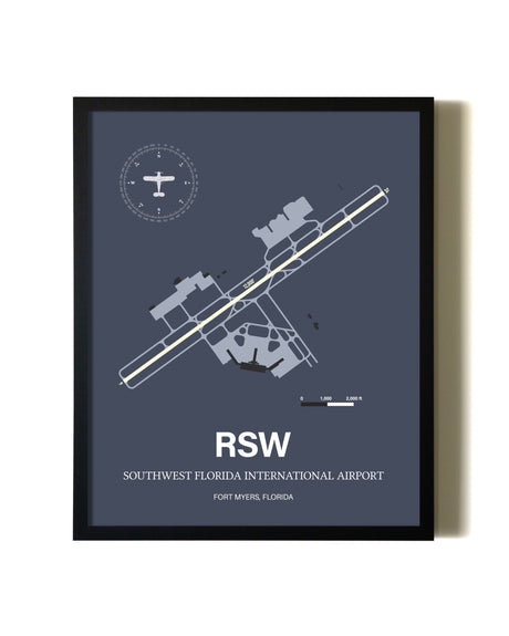Blue and Cream Framed Southwest Florida International Airport layout wall art poster