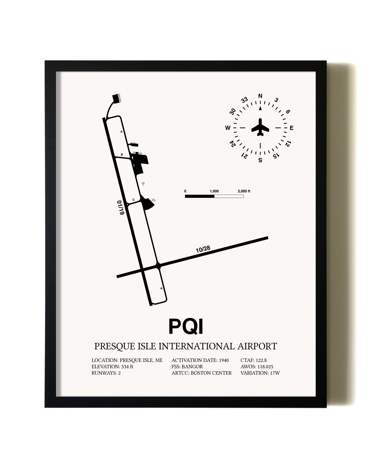 Framed Presque Isle International Airport wall art poster in black frame